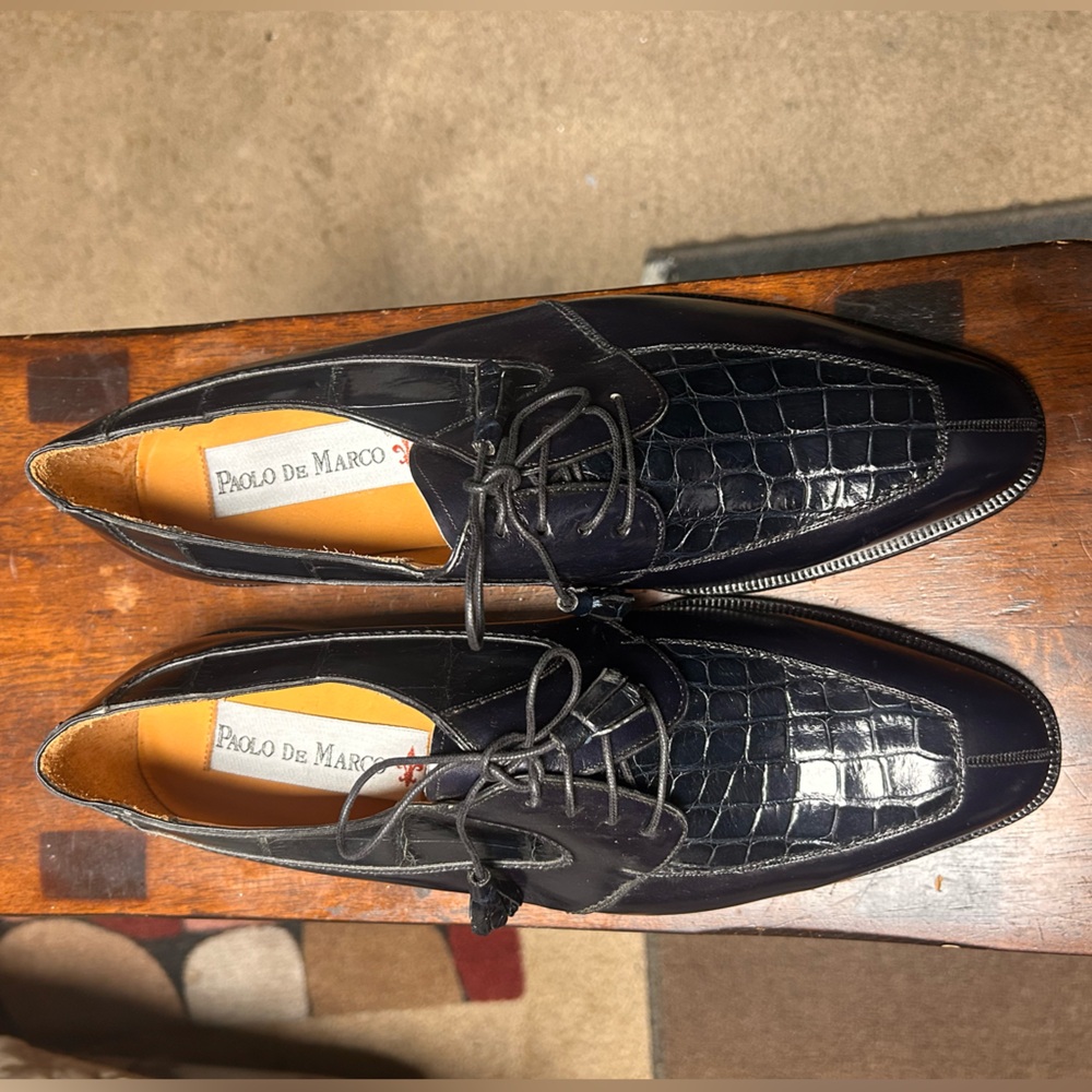 Paola De Marco Navy Blue Croc-Embossed Leather Oxford Dress Shoes – Men’s - Picture 4 of 4